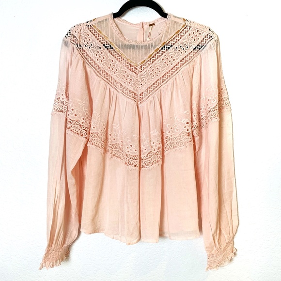 Free People Tops - Free People Boho Top Blush Pink Medium Lace Crochet Prairie Bohemian